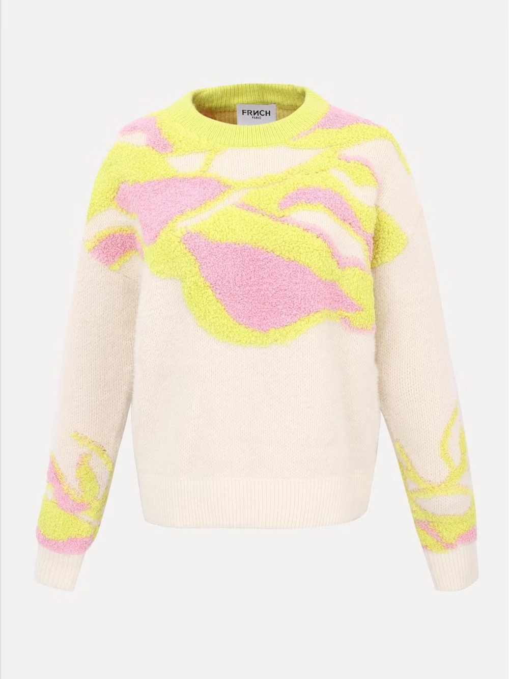 FRNCH Cream Crewneck Sweater with Pink & Lime Jacquard
